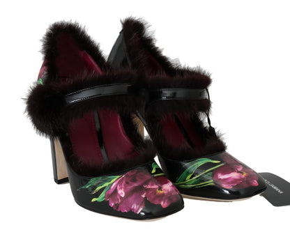 Black Purple Tulip Print Fur Mary Janes Pumps