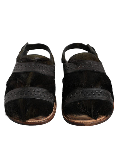 Black Gazelle Hair Leather Flats Sandals Shoes