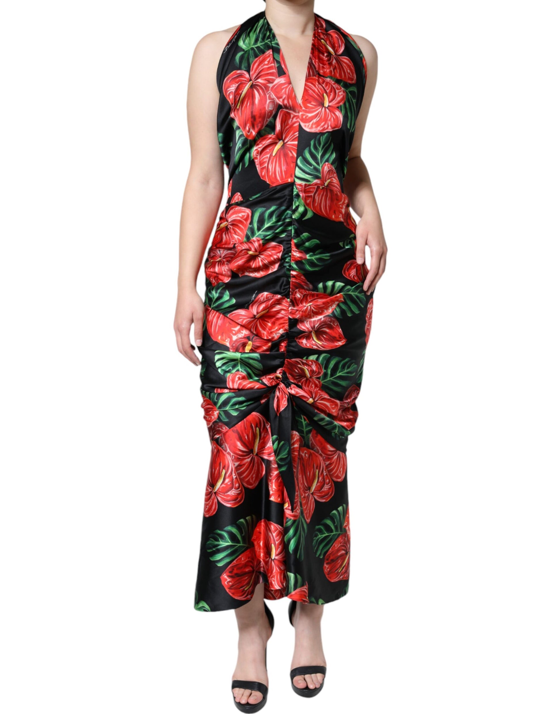 Black Tropical Floral Sheath Maxi Dress