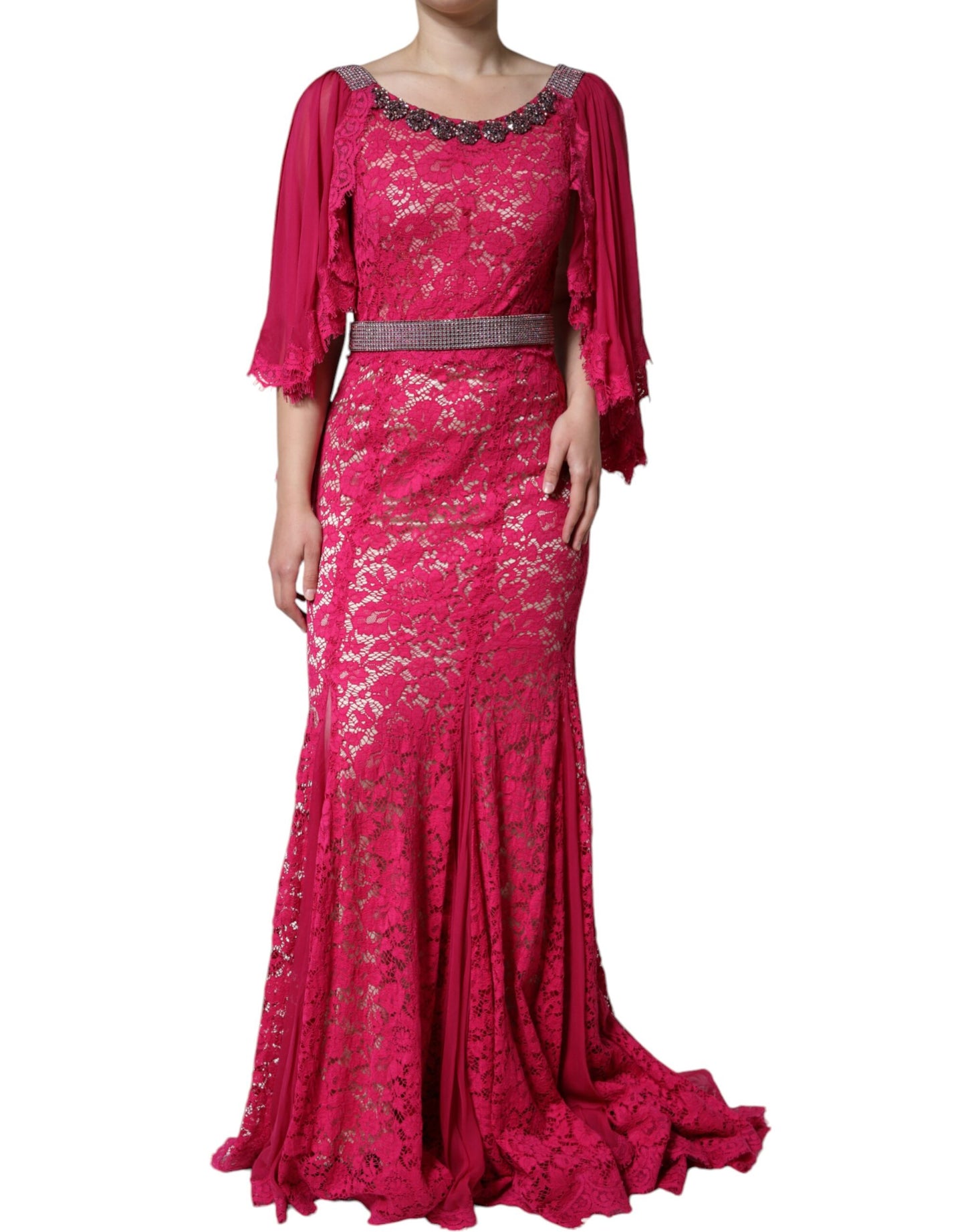 Pink Lace Crystal Sheath Long Gown Dress