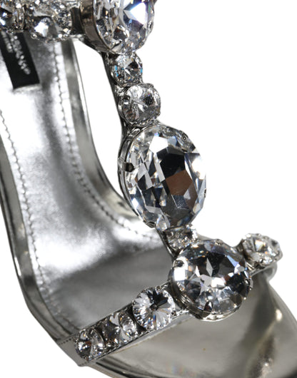 Silver Leather T-strap Crystal Sandals Shoes