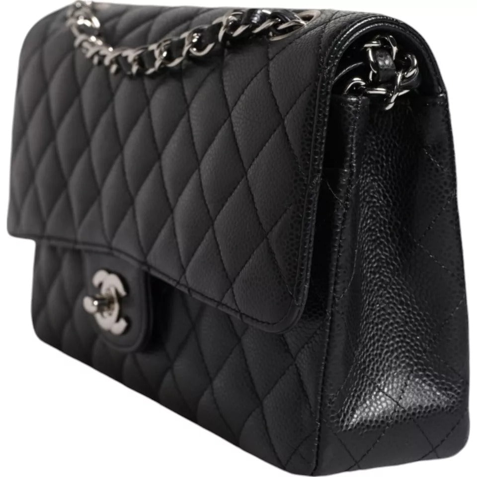 Black Caviar Medium Classic Double Flap Shoulder Quilted Silver Bag