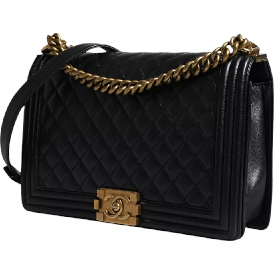 Black Large Lambskin Double Chain Gold Leather Shoulder Bag