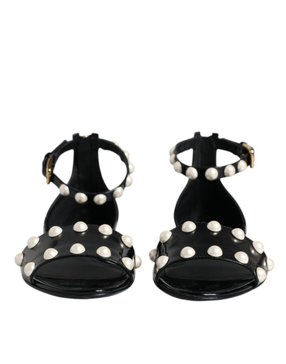 Black Leather Pearls Ankle Strap Sandals Shoes