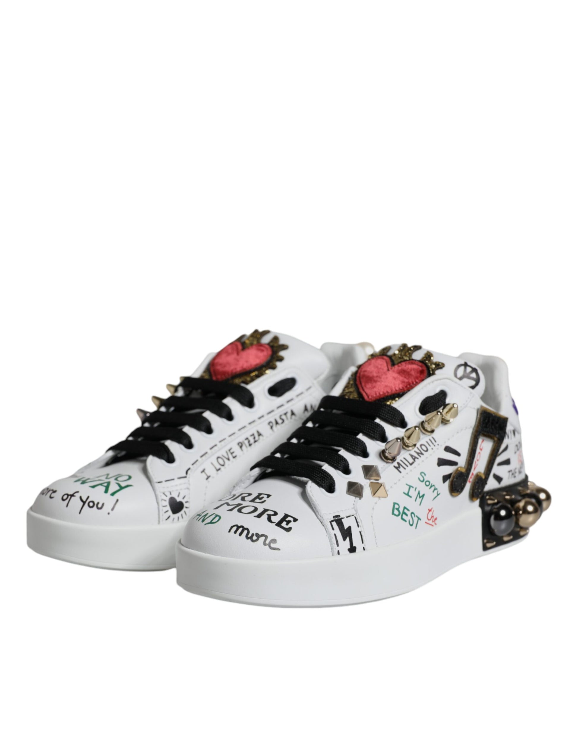 White Heart Studded Low Top Sneakers Shoes