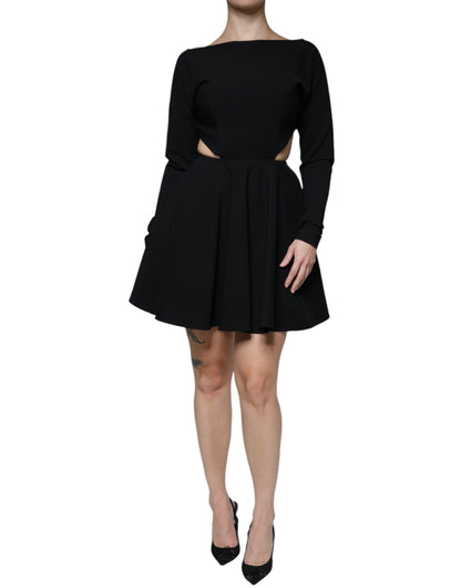 Black Viscose Cut Out A-line Long Sleeves Mini Dress