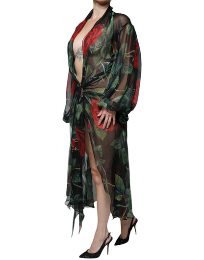 Black Floral Silk Wrap See Through Dress