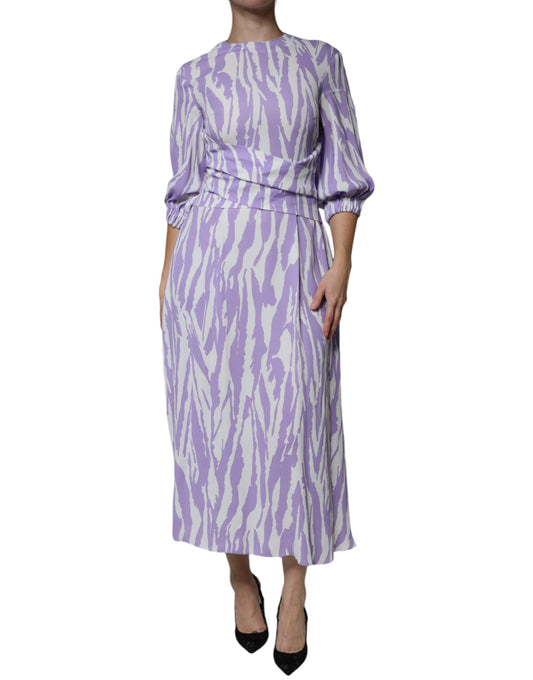 White Purple Patterned Viscose Short Sleeves Maxi Dress