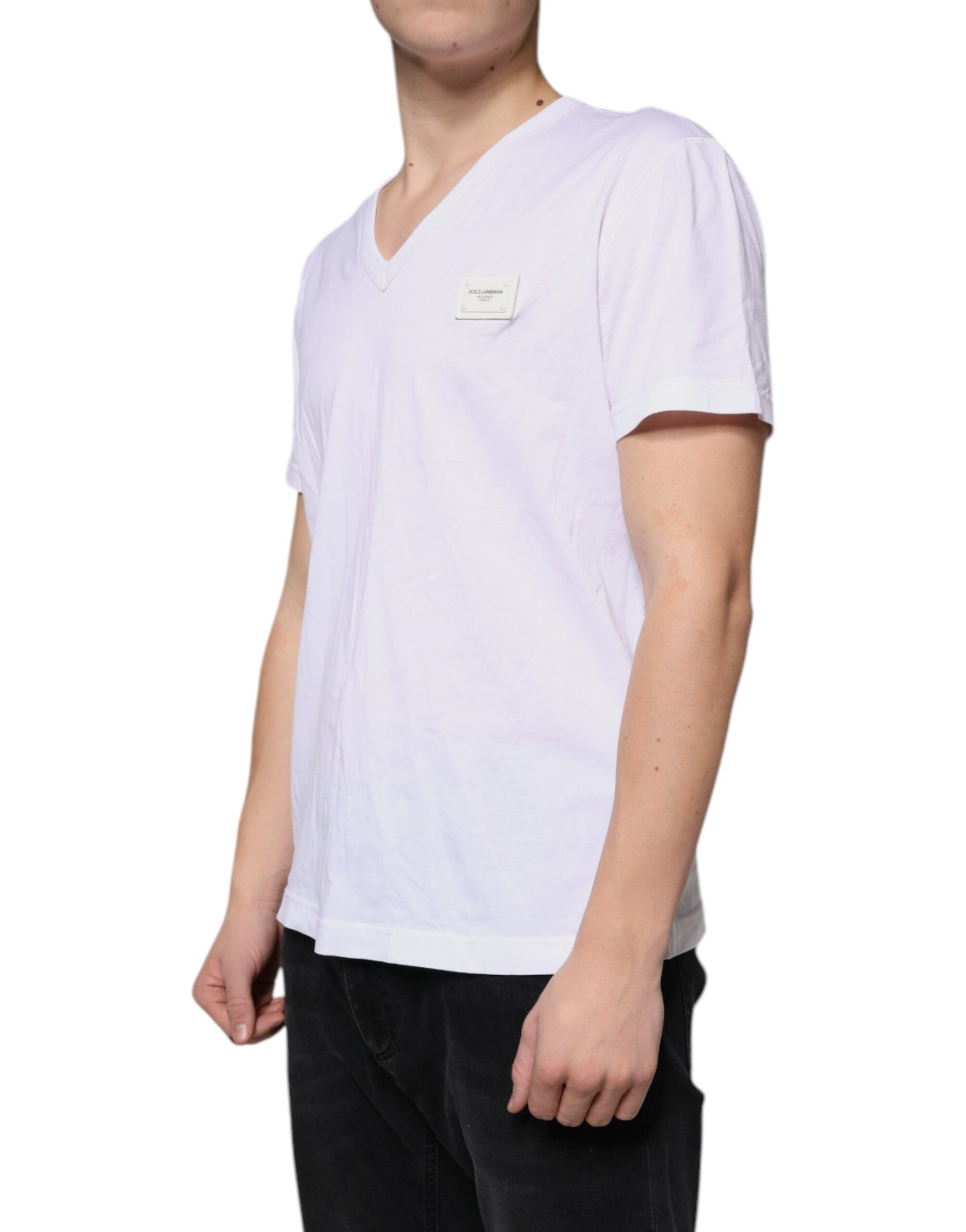 White Logo Cotton V-neck Short Sleeve T-shirt