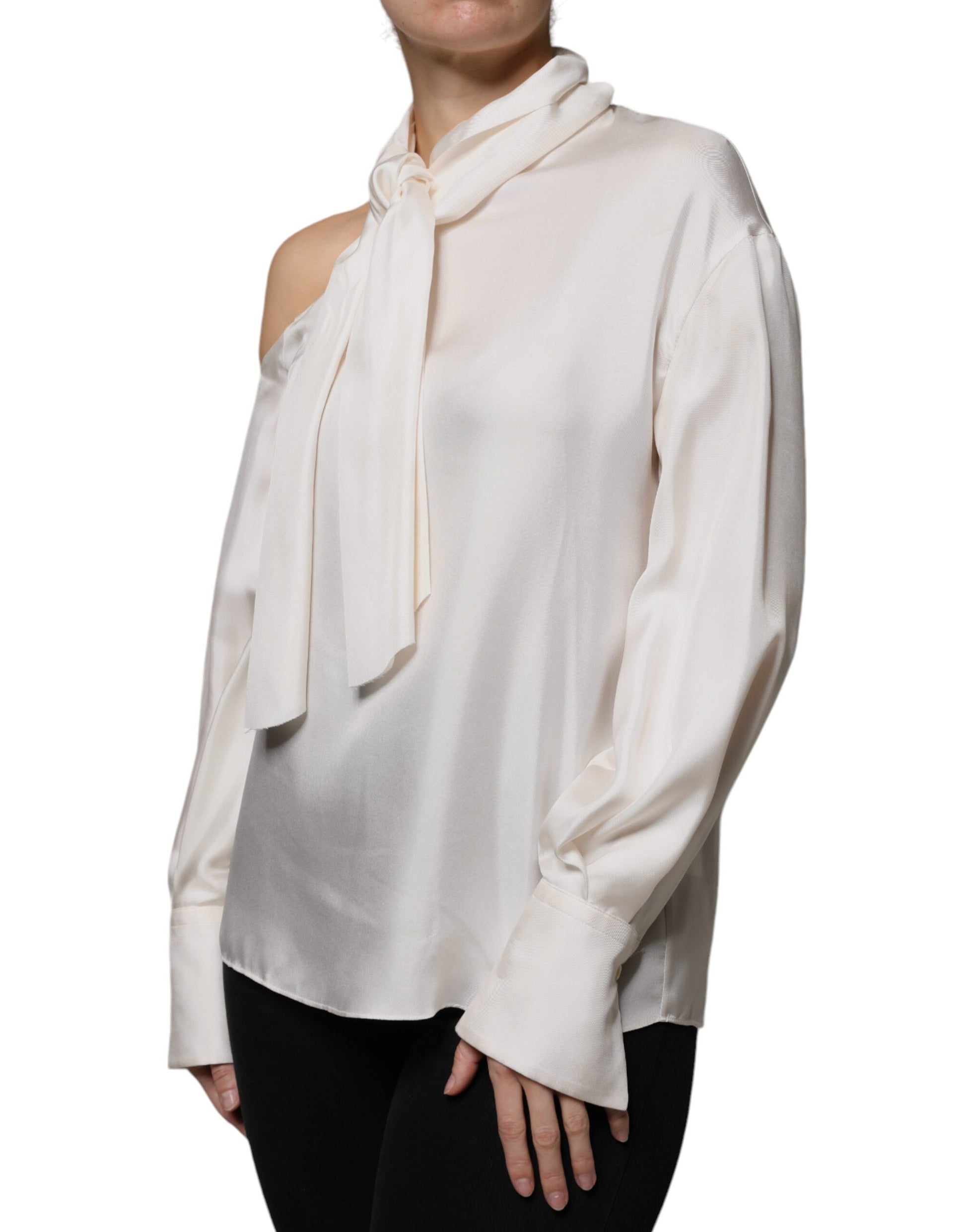 Beige Silk Ascot Collared Long Sleeves Top