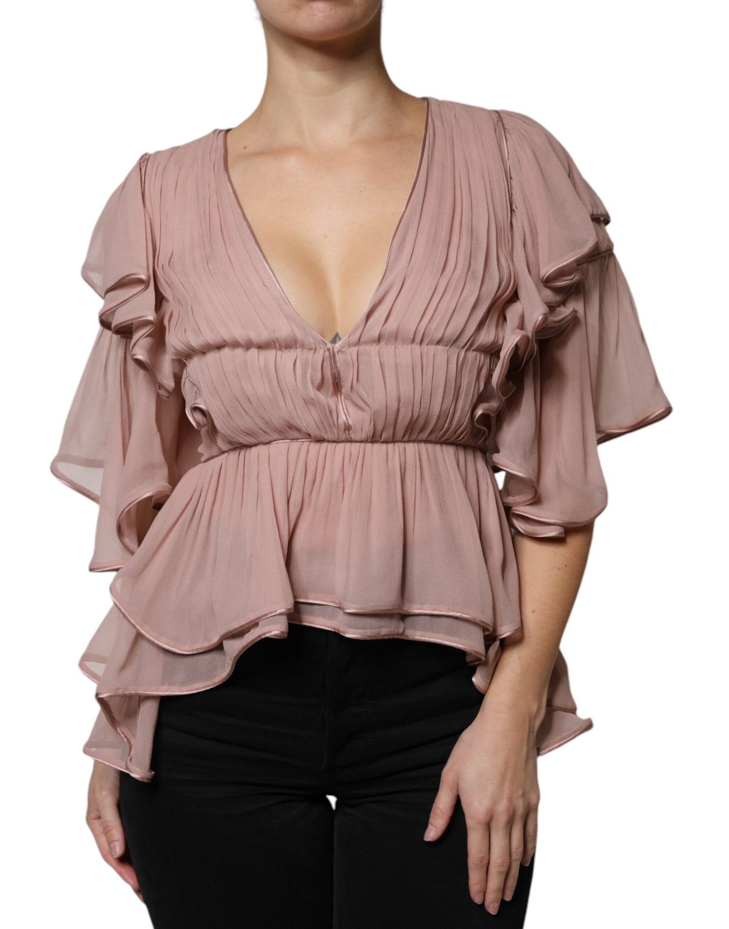 Brown Silk Short Sleeves V-neck Pleated Top