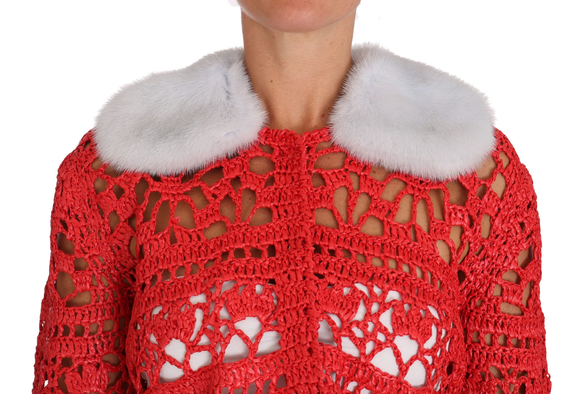 Elegant Red Crochet Knit Cardigan with Fur Collar